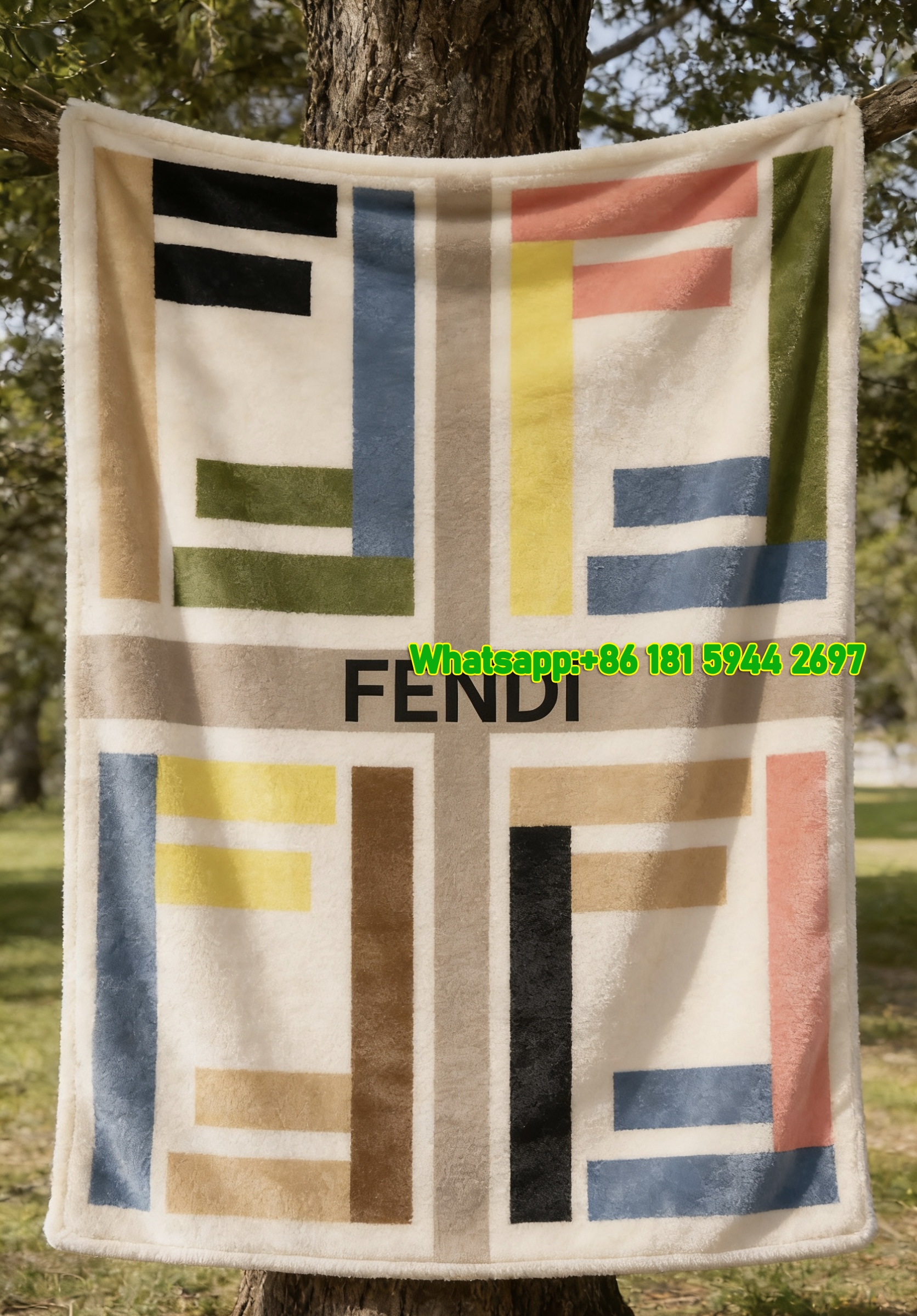 Fendi Geometric Color Block FF Monogram Flannel Sofa Throw Blanket IMG_9407